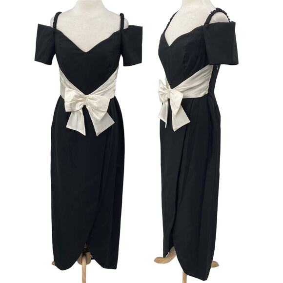 Vintage Maxi Dress Satin Bow Front Bodice Off Shoulder Sleeves Black Womens M